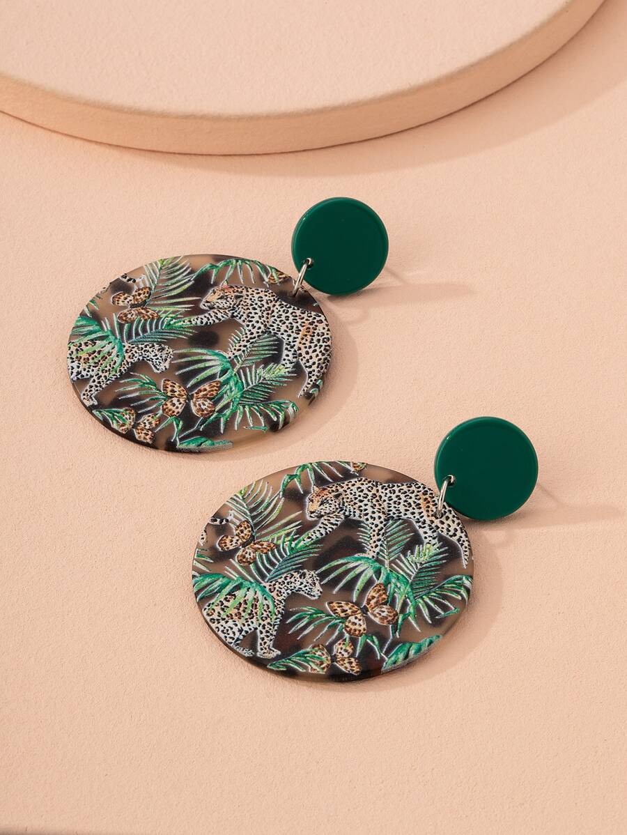 動物和葉子圖案圓形耳墜 - 彩色 - 查看 1