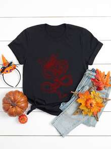 Camiseta con estampado de dragón de manga corta - Negro - Ver 1