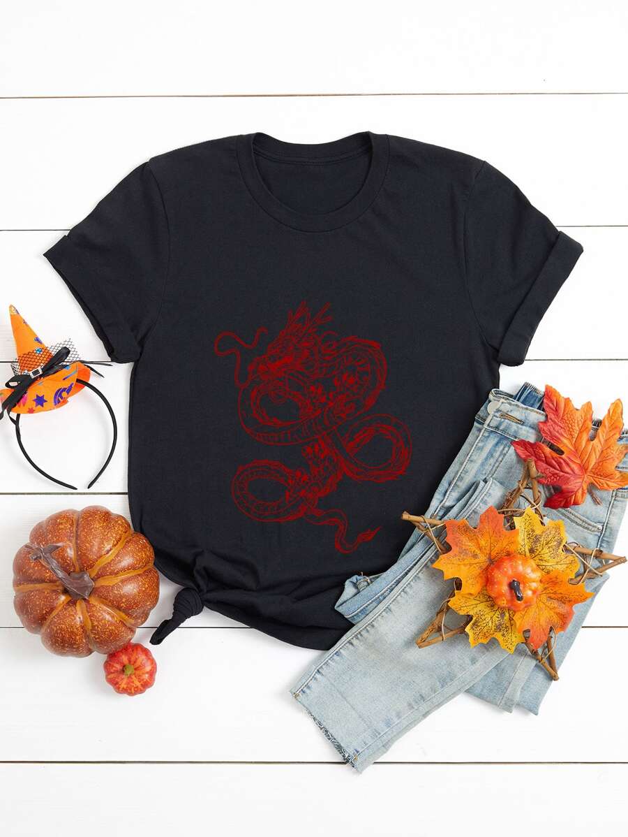Camiseta con estampado de dragón de manga corta - Negro - Ver 1
