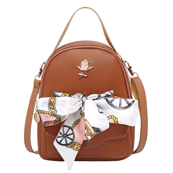 

Metal Floral Decor Curved Top Backpack, Brown