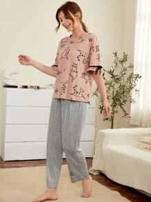 卡通圖案荷葉袖睡衣套裝 - 彩色 - 查看 5