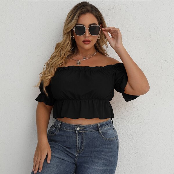 

Plus Off-shoulder Ruffle Hem Blouse, Black