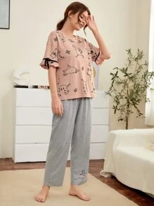 卡通圖案荷葉袖睡衣套裝 - 彩色 - 查看 6