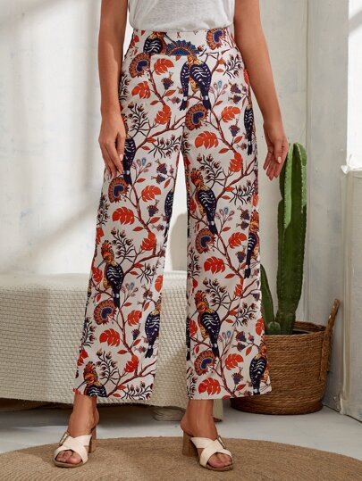 EMERY ROSE High Waist Plant & Bird Print Wide Leg Pants