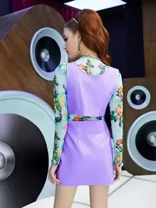 SHEIN Unity Cut Out Waist Button Detail PU Leather Dress Without Tee - Lilac Purple - View 6