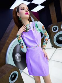 SHEIN Unity Cut Out Waist Button Detail PU Leather Dress Without Tee - Lilac Purple - View 8