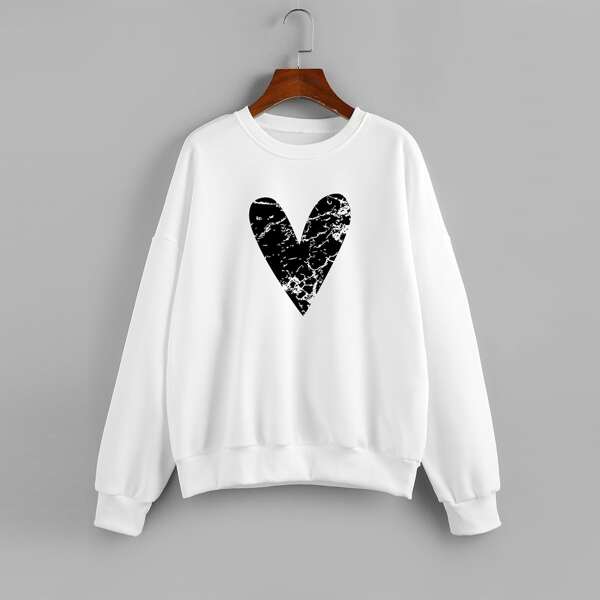 

Plus Heart Print Drop Shoulder Pullover, White
