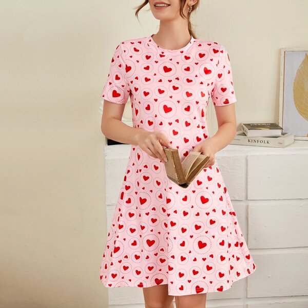 

Allover Heart Print Night Dress, Baby pink