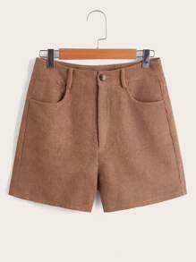 素色燈芯絨短褲 - 棕色 - 查看 1