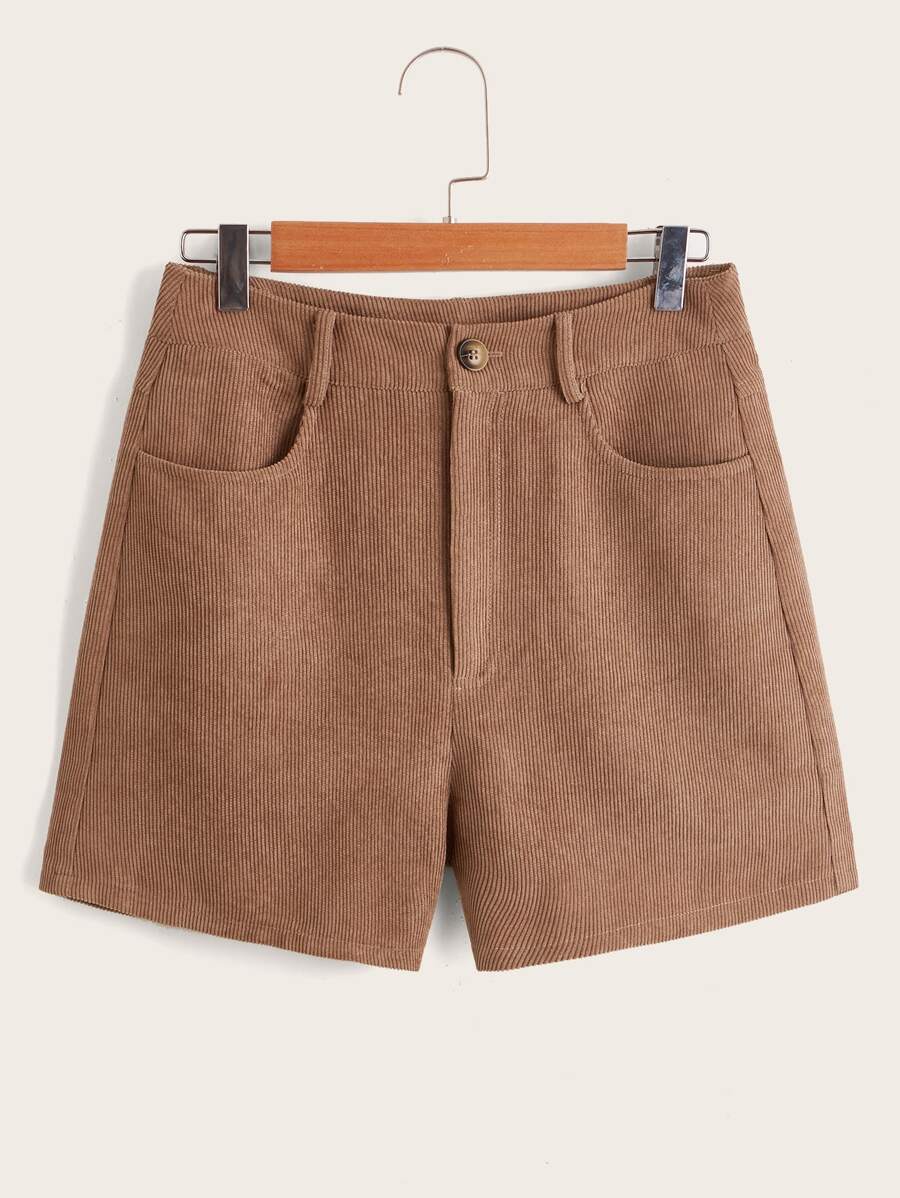 素色燈芯絨短褲 - 棕色 - 查看 1
