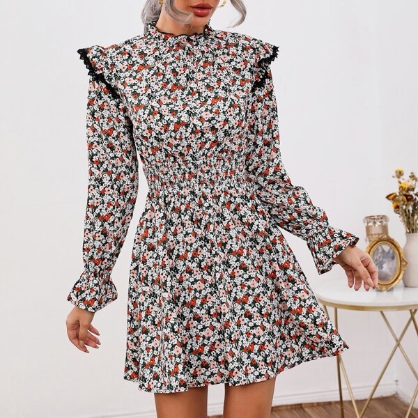 

Ditsy Floral Lace Ruffle Trim Shirred Waist Flounce Sleeve Dress, Multicolor
