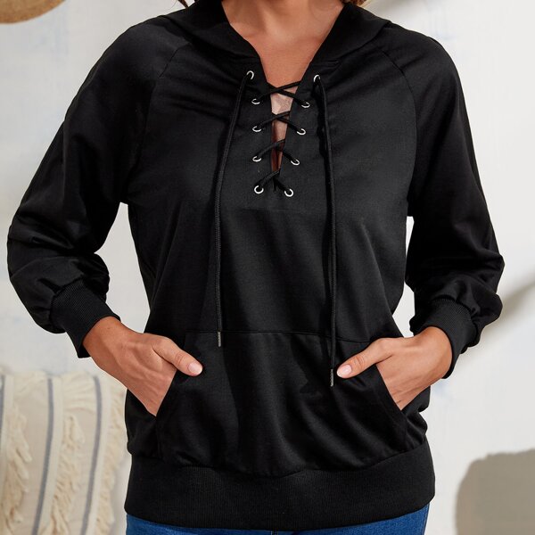 

Lace Up Raglan Sleeve Hooded Sweatshirt, Black