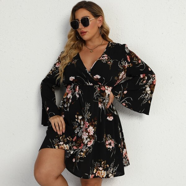 

Plus Floral Print Surplice Neck Flounce Sleeve Dress, Black