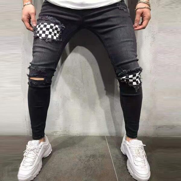 

Men Checkerboard Ripped Jeans, Black