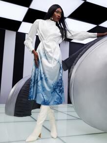 SHEINNeu Dandelion Print Mock Neck Belted Dress - Blue and White - View 3