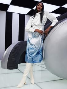 SHEINNeu Dandelion Print Mock Neck Belted Dress - Blue and White - View 4