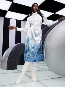 SHEINNeu Dandelion Print Mock Neck Belted Dress - Blue and White - View 2