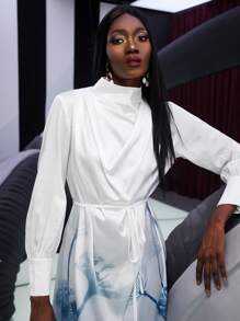 SHEINNeu Dandelion Print Mock Neck Belted Dress - Blue and White - View 5