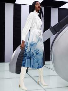 SHEINNeu Dandelion Print Mock Neck Belted Dress - Blue and White - View 6