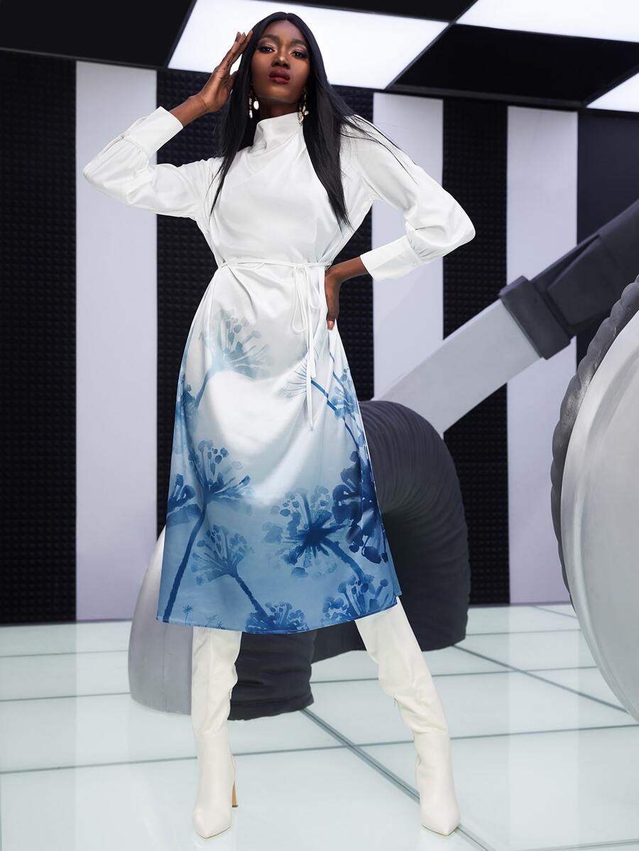 SHEINNeu Dandelion Print Mock Neck Belted Dress - Blue and White - View 1