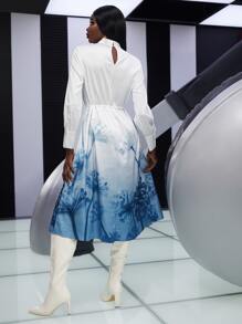 SHEINNeu Dandelion Print Mock Neck Belted Dress - Blue and White - View 7