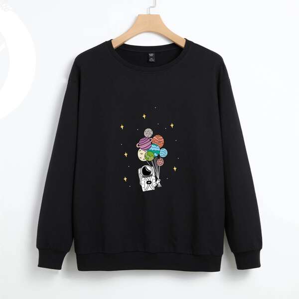 

Plus Astronaut & Balloon Print Round Neck Sweatshirt, Black