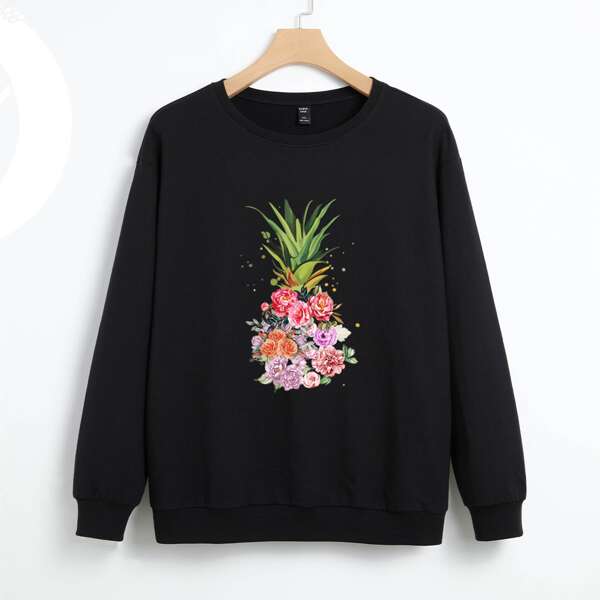 

Plus Floral Print Round Neck Sweatshirt, Black