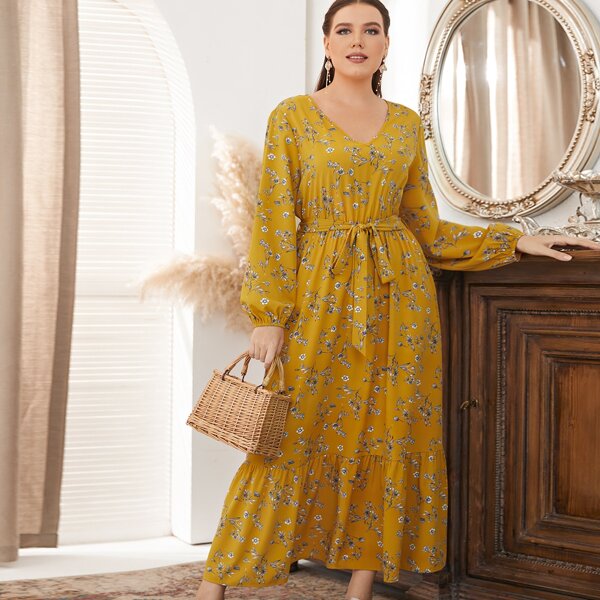 

Plus Floral Print Lantern Sleeve Ruffle Hem Belted Dress, Mustard yellow
