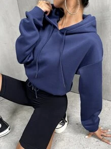 SHEIN Unity Sudadera con capucha de hombros caídos y cordón, para graduación, maestros, regreso a la escuela, otoño - Azul Marino - Ver 1