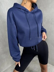 SHEIN Unity Sudadera con capucha de hombros caídos y cordón, para graduación, maestros, regreso a la escuela, otoño - Azul Marino - Ver 3