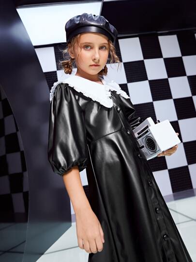SHEIN Girls Contrast Peter Pan Collar PU Leather Dress