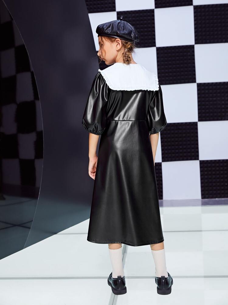 Girls Contrast Peter Pan Collar PU Leather Dress