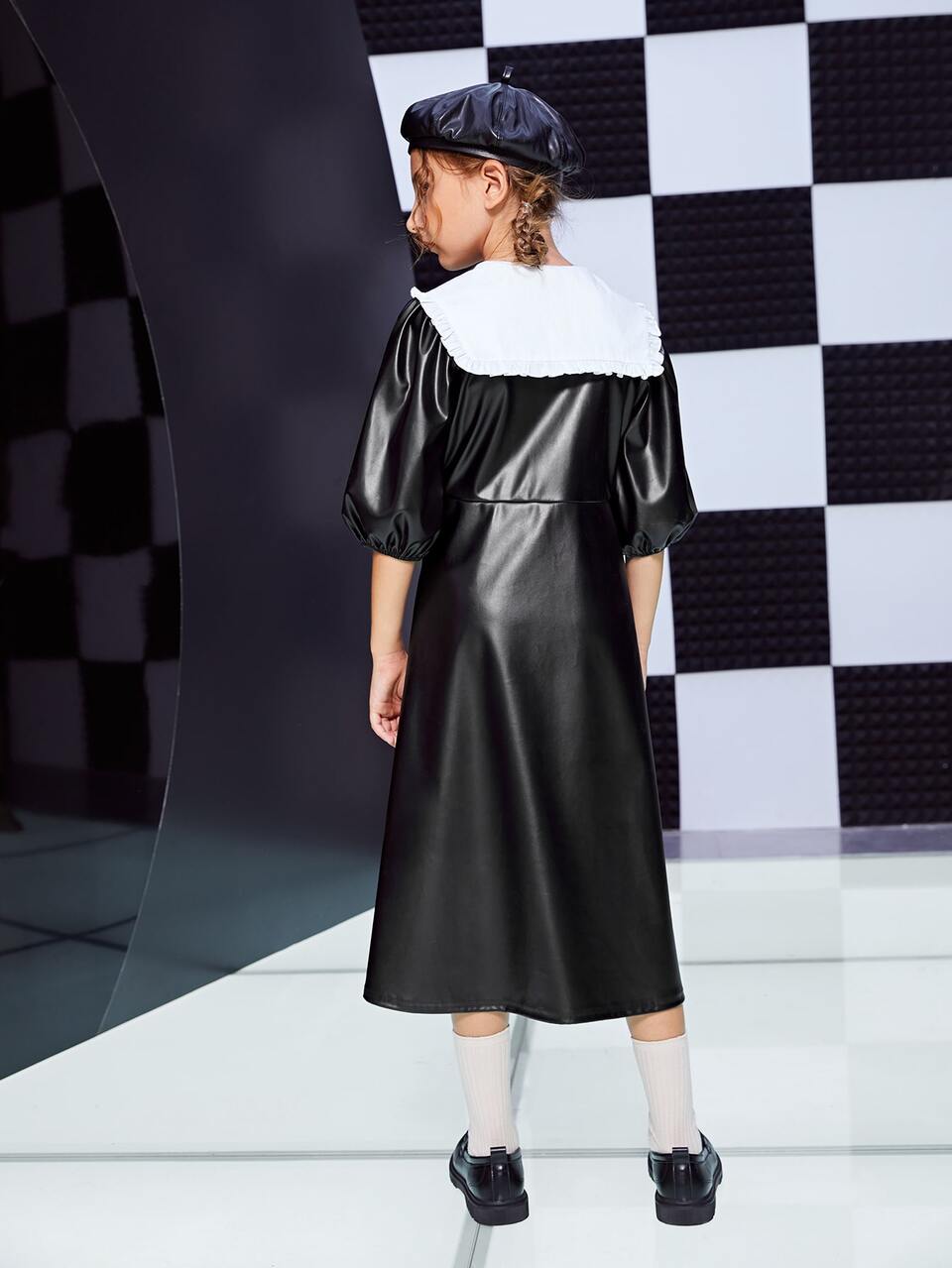 Girls Contrast Peter Pan Collar PU Leather Dress