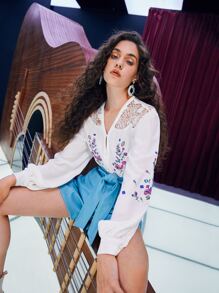 SHEIN Contrast Lace Embroidery Drop Shoulder Blouse - White - View 1