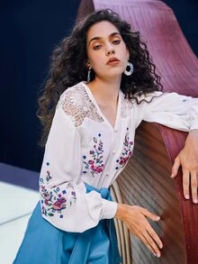 SHEIN Contrast Lace Embroidery Drop Shoulder Blouse - White - View 3