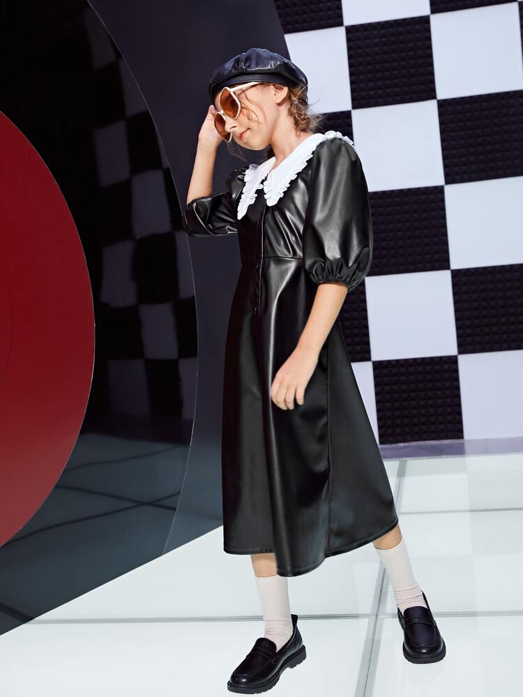 Girls Contrast Peter Pan Collar PU Leather Dress