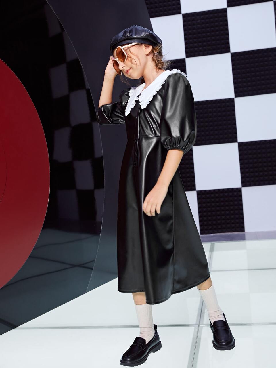 Girls Contrast Peter Pan Collar PU Leather Dress