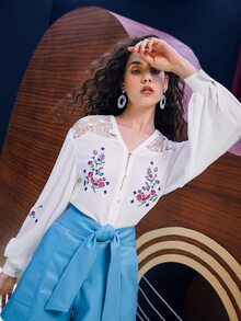 SHEIN Contrast Lace Embroidery Drop Shoulder Blouse - White - View 4