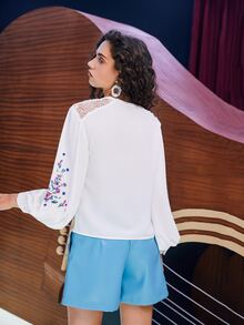 SHEIN Contrast Lace Embroidery Drop Shoulder Blouse - White - View 7