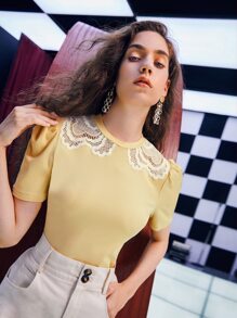 SHEIN Unity Camiseta con encaje tejido de canalé