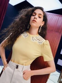 SHEIN Unity Camiseta con encaje tejido de canalé