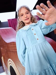 SHEIN 女孩褶邊彼得潘領單排釦褶皺荷葉邊娃娃裙 - 淺藍色 - 查看 3
