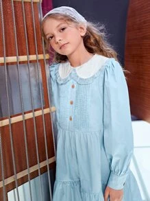 SHEIN 女孩褶邊彼得潘領單排釦褶皺荷葉邊娃娃裙 - 淺藍色 - 查看 4