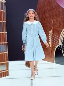 SHEIN 女孩褶邊彼得潘領單排釦褶皺荷葉邊娃娃裙 - 淺藍色 - 查看 6
