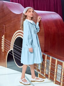 SHEIN 女孩褶邊彼得潘領單排釦褶皺荷葉邊娃娃裙 - 淺藍色 - 查看 7