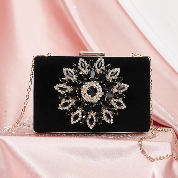 

Rhinestone & Gemstone Decor Box Bag, Black