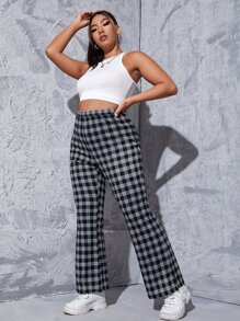 SHEIN EZwear Quần Plus Size Chia Sọc ca rô Giải trí - Đen và trắng - Xem 4