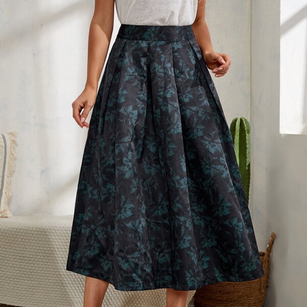 

Allover Floral Flared Skirt, Black