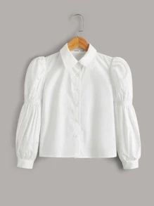 SHEIN Tween Girls' Puff Long Sleeve Solid Woven Shirt Suitable For Spring And Summer - White - View 1