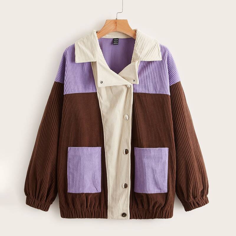 

Colorblock Patched Pocket Drop Shoulder Corduroy Coat, Multicolor